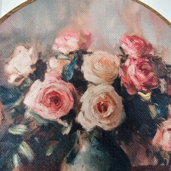 Floral Art Framed Picture Pink Roses Vase Round Cottage Country Renaissance - Picture 5 of 9